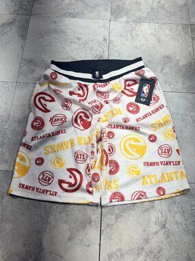 Atlanta Hawks Basketball Shorts Men's S White Red Yellow All Over Print NBA Y2K